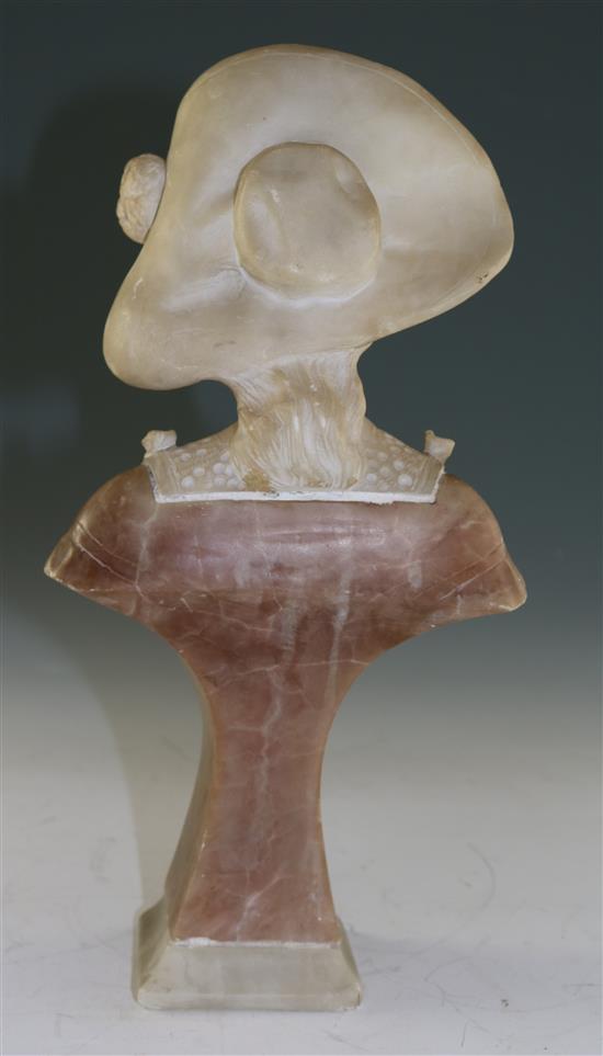 An Art Nouveau carved two colour alabaster bust of a young lady wearing a bonnet, 12in.